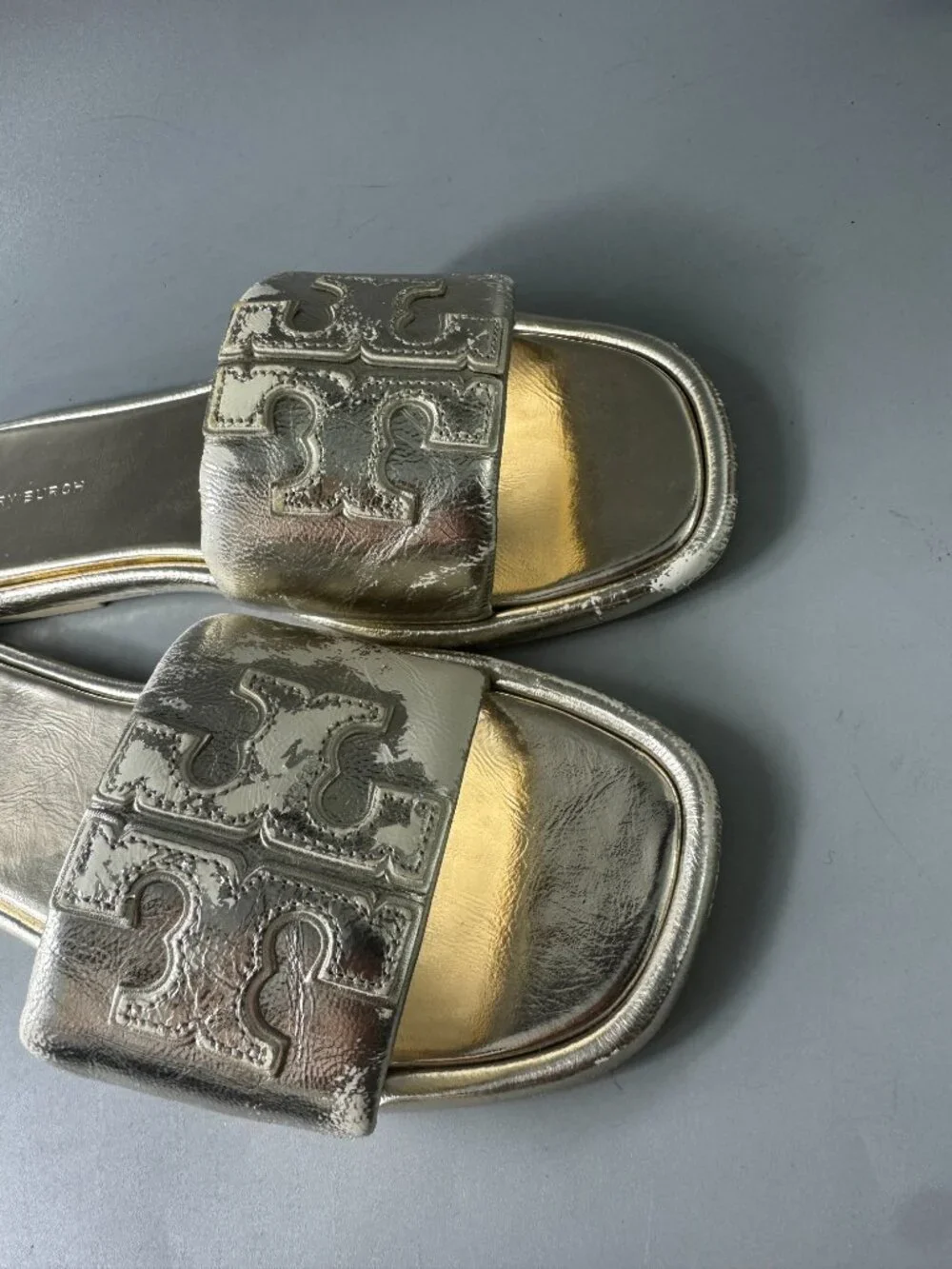 TORY BURCH Double T Sport Metallic Slide Sandals In Spark Gold- Size US 8